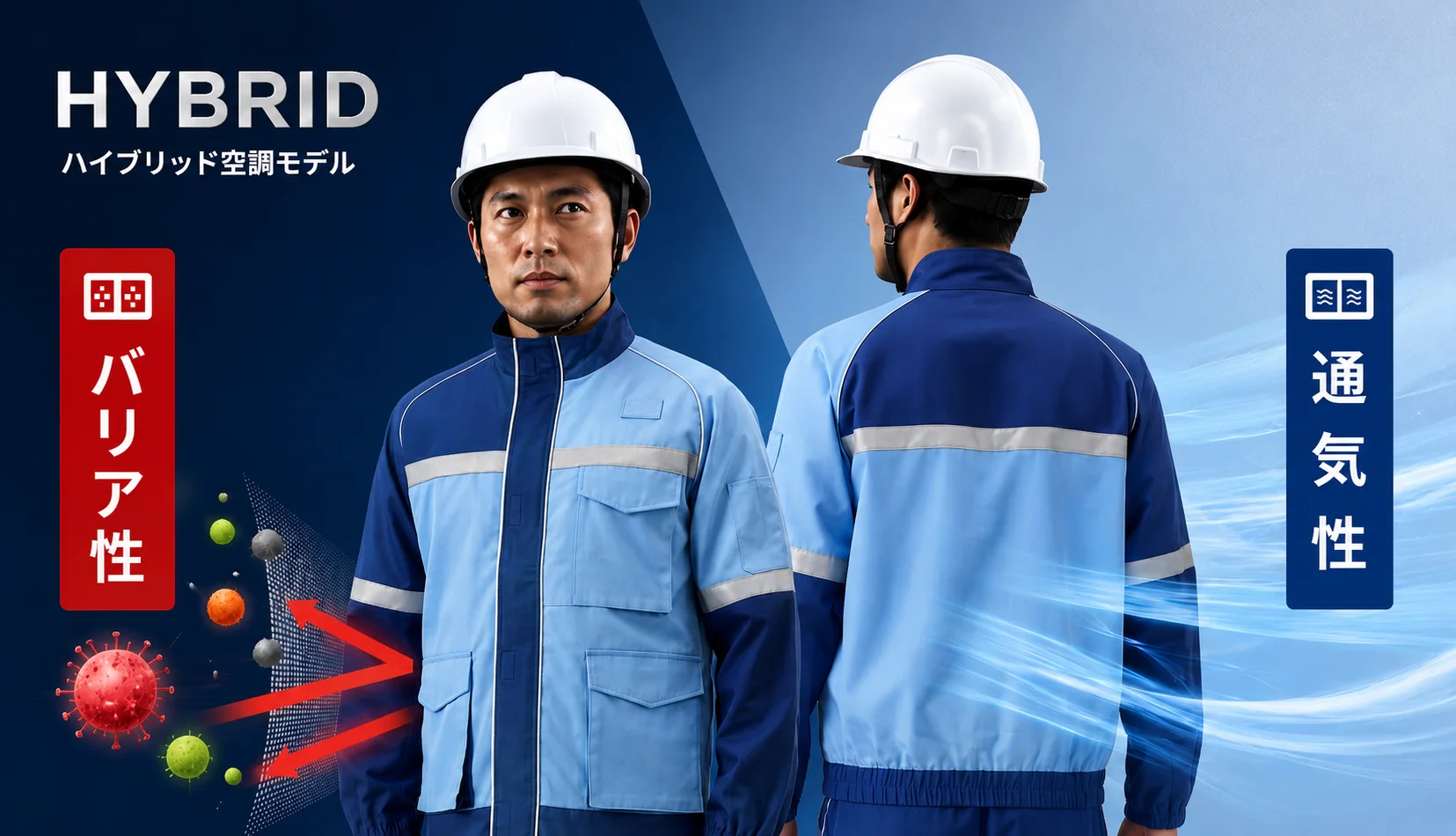 ハイブリッド型感染防止衣の前面（バリア性素材）と背面（通気性素材）の比較写真